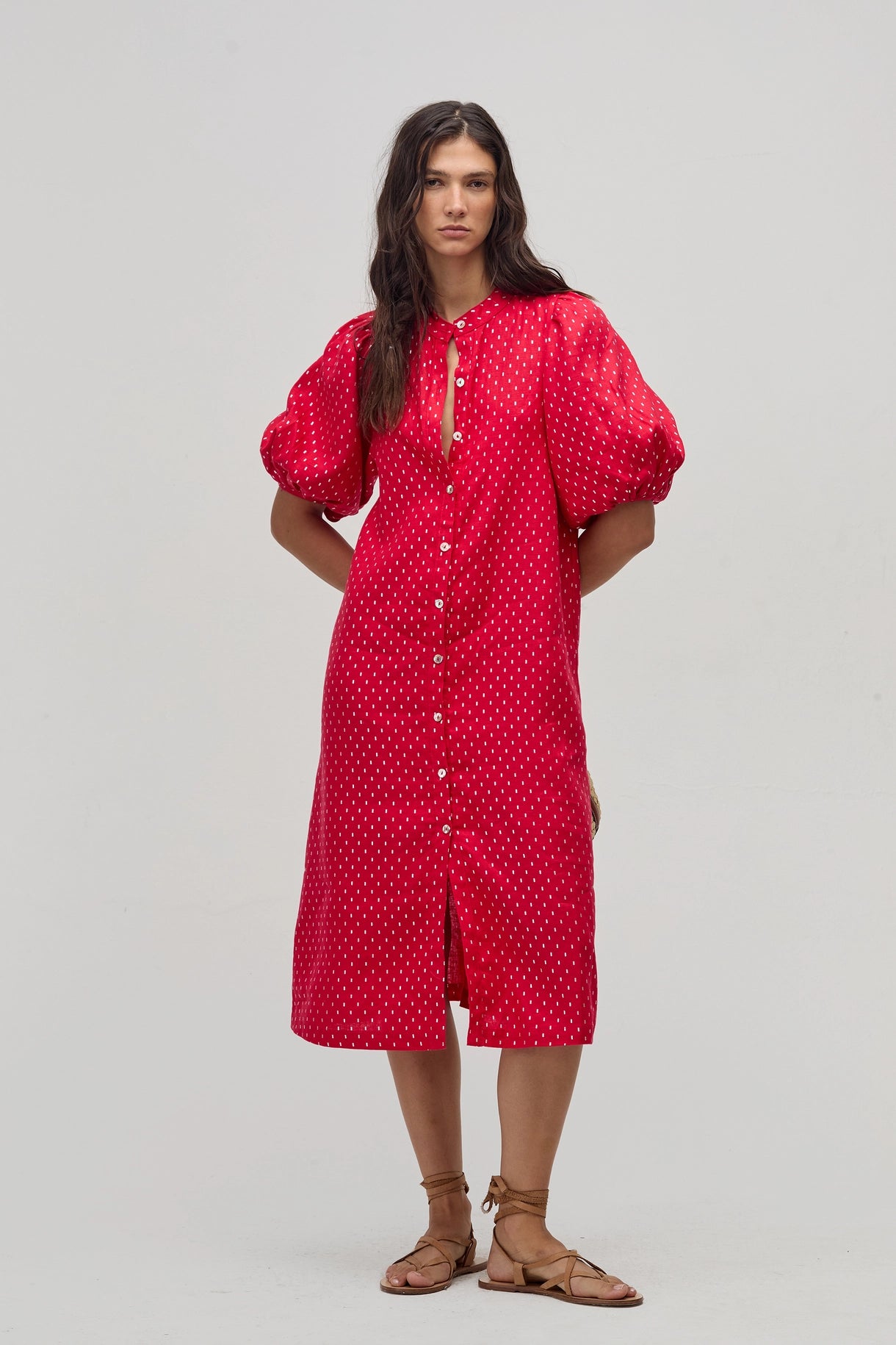 Bubble Linen Dress - Red with Silver Print