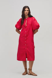 Bubble Linen Dress - Red with Silver Print