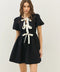 Bubble Textured Bow Tie Front Mini Dress with Bubble Sleeves Black-Dress-idem ditto-S-Black-Urbanheer