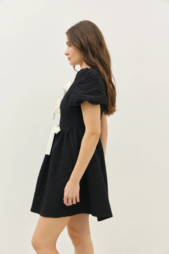 Bubble Textured Bow Tie Front Mini Dress with Bubble Sleeves Black-Dress-idem ditto-S-Black-Urbanheer