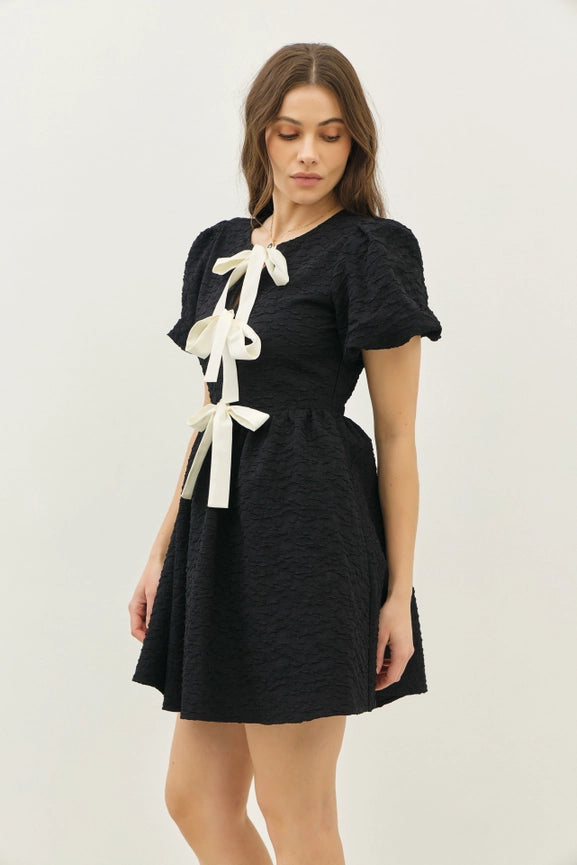 Bubble Textured Bow Tie Front Mini Dress with Bubble Sleeves Black-Dress-idem ditto-S-Black-Urbanheer