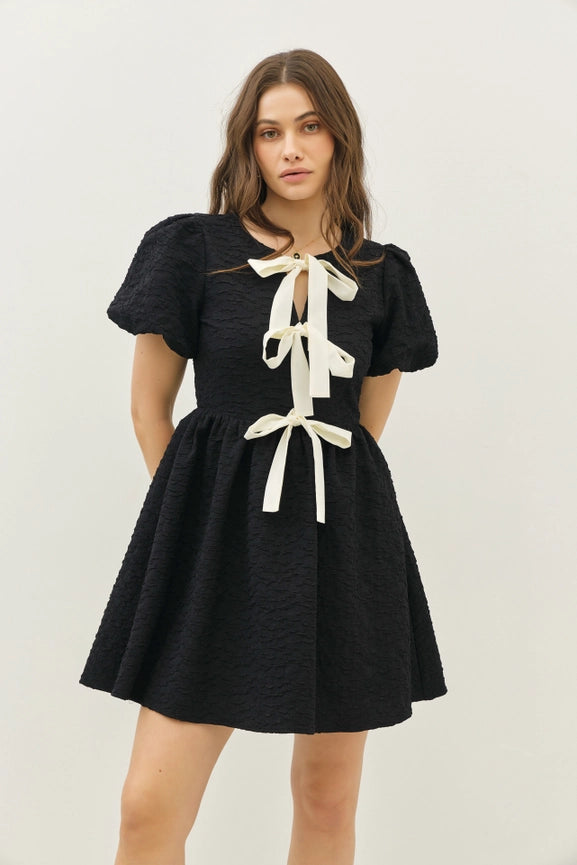 Bubble Textured Bow Tie Front Mini Dress with Bubble Sleeves Black-Dress-idem ditto-S-Black-Urbanheer