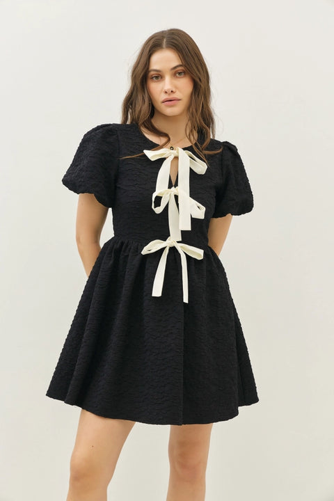Bubble Textured Bow Tie Front Mini Dress with Bubble Sleeves Black-Dress-idem ditto-S-Black-Urbanheer