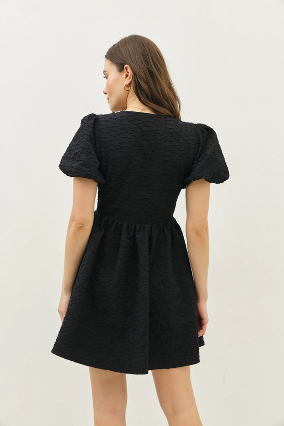 Bubble Textured Bow Tie Front Mini Dress with Bubble Sleeves Black Urbanheer Bubble Textured Bow Tie Front Mini Dress with Bubble Sleeves Black Urbanheer