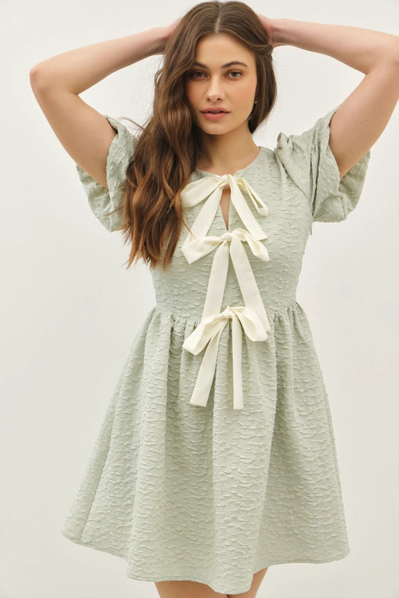 Bubble Textured Bow Tie Front Mini Dress with Bubble Sleeves SAGE-Dress-idem ditto-S-SAGE-Urbanheer