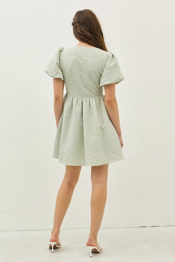 Bubble Textured Bow Tie Front Mini Dress with Bubble Sleeves SAGE-Dress-idem ditto-S-SAGE-Urbanheer