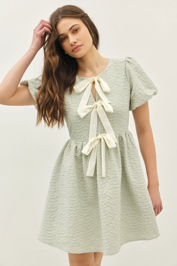 Bubble Textured Bow Tie Front Mini Dress with Bubble Sleeves SAGE-Dress-idem ditto-S-SAGE-Urbanheer