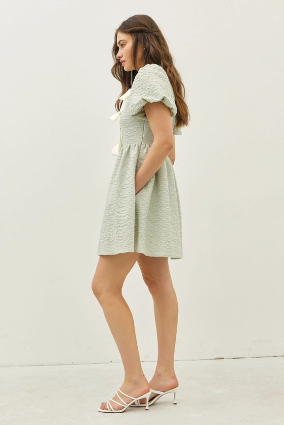 Bubble Textured Bow Tie Front Mini Dress with Bubble Sleeves SAGE-Dress-idem ditto-S-SAGE-Urbanheer