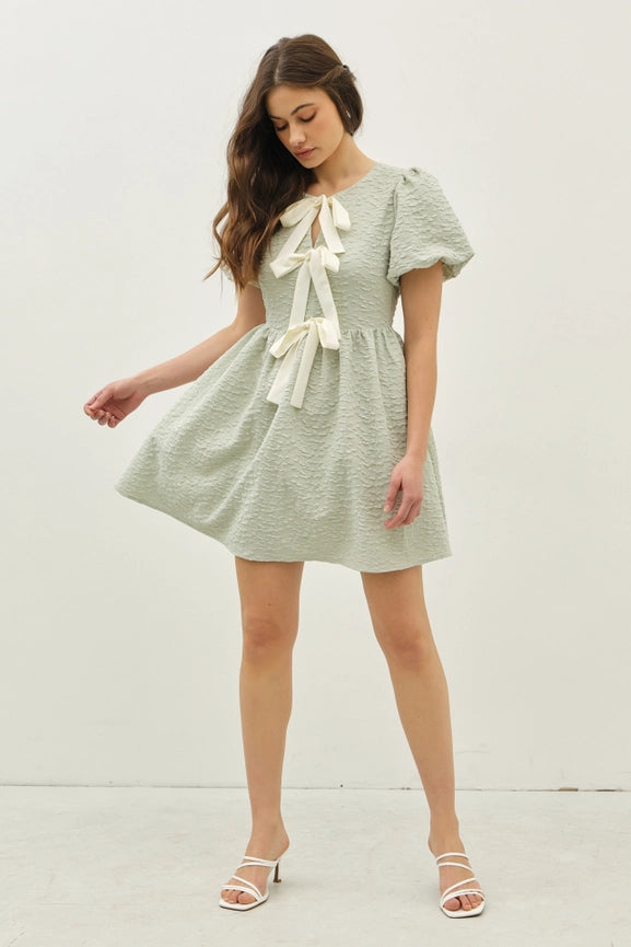 Bubble Textured Bow Tie Front Mini Dress with Bubble Sleeves SAGE-Dress-idem ditto-S-SAGE-Urbanheer
