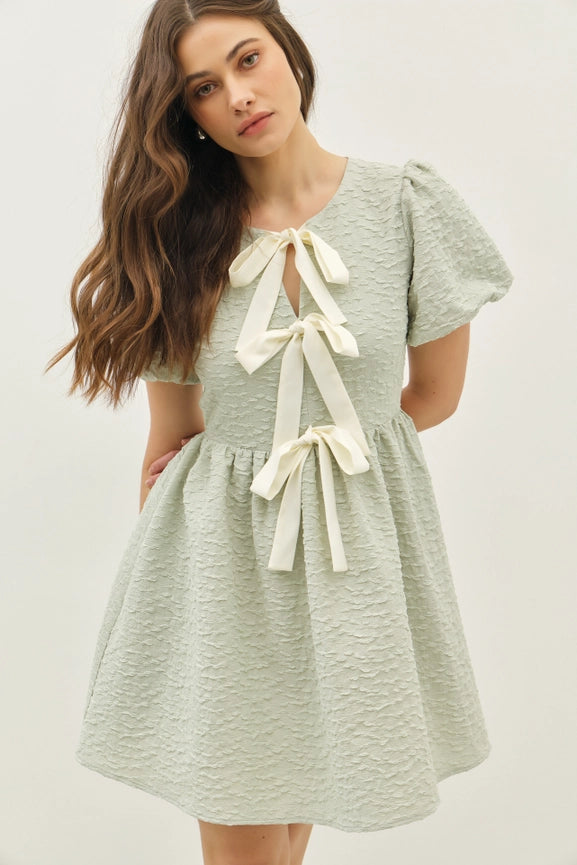 Bubble Textured Bow Tie Front Mini Dress with Bubble Sleeves SAGE-Dress-idem ditto-S-SAGE-Urbanheer