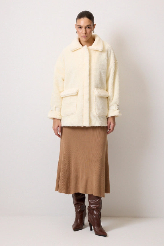 Buckle Detailed Plush Jacket-Jacket-Touché-S-White-Urbanheer