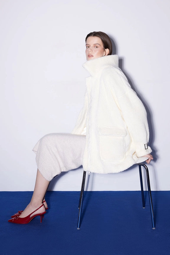 Buckle Detailed Plush Jacket-Jacket-Touché-S-White-Urbanheer