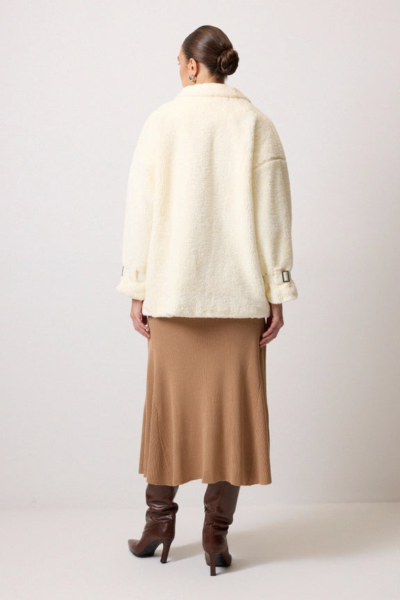 Buckle Detailed Plush Jacket-Jacket-Touché-S-White-Urbanheer