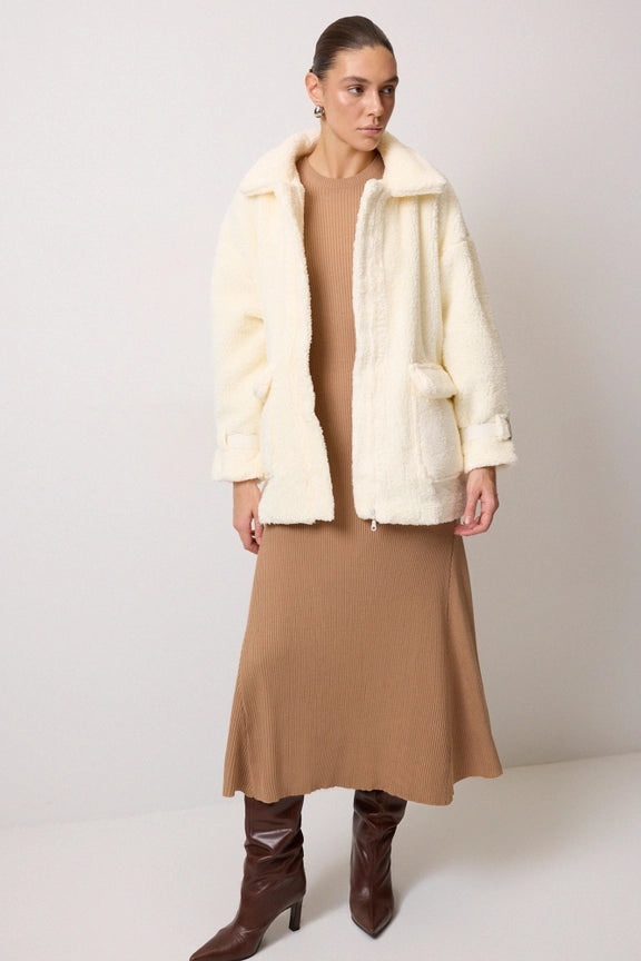 Buckle Detailed Plush Jacket-Jacket-Touché-S-White-Urbanheer