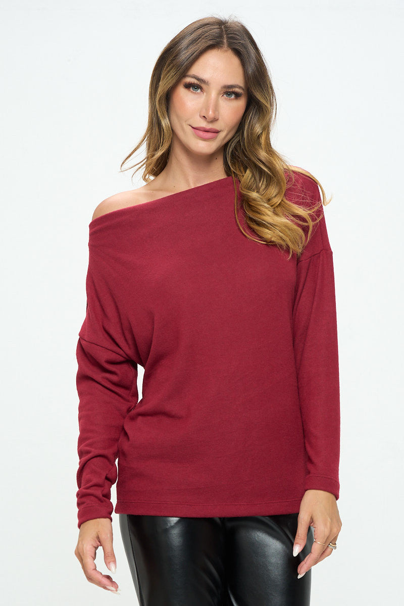 Burgundy Brushed Knit Off the Shoulder Top-Tops-Reneecollection-Urbanheer