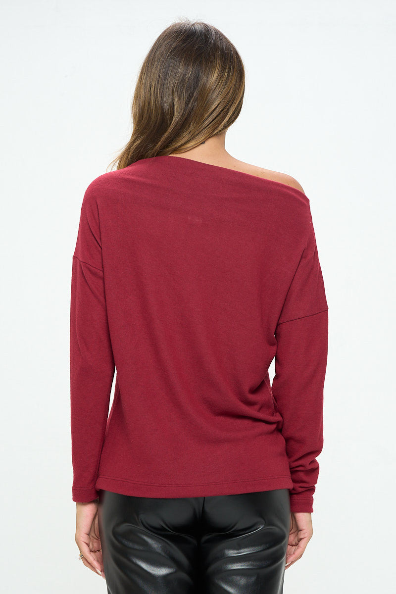 Burgundy Brushed Knit Off the Shoulder Top-Tops-Reneecollection-Urbanheer