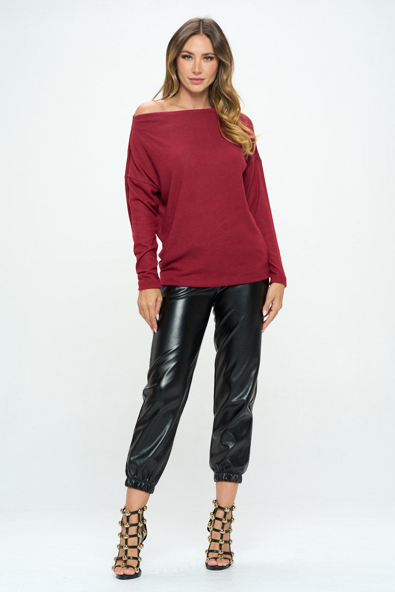 Burgundy Brushed Knit Off the Shoulder Top-Tops-Reneecollection-Urbanheer