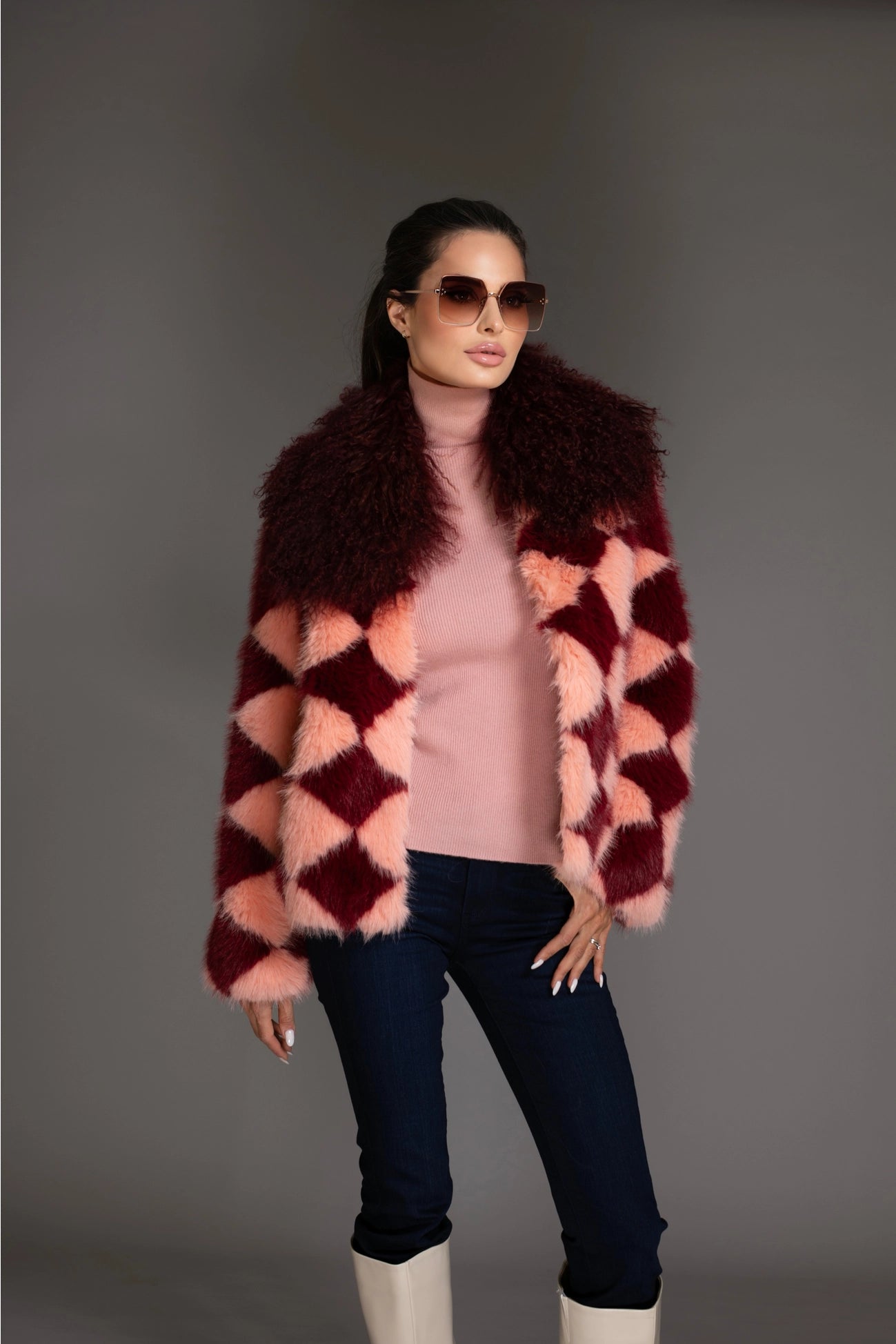 Burgundy Pink Checkered Faux Fur Coat Mongolian Collar