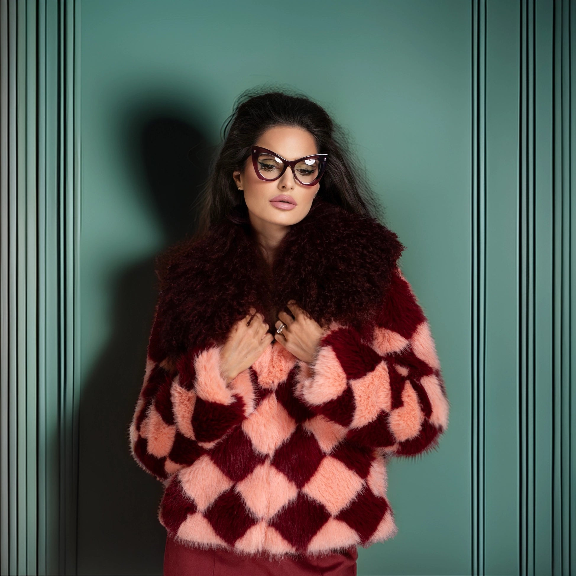Burgundy Pink Checkered Faux Fur Coat Mongolian Collar