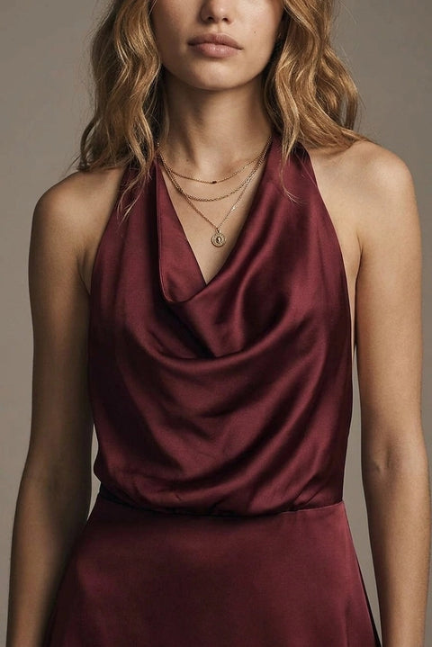 Burgundy Satin Cowl Neck Halter A-Line Mini Dress with Open Back from – Urbanheer