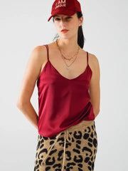 Burgundy Satin Spaghetti Strap Top-TOP-Q2-S-Red-Urbanheer