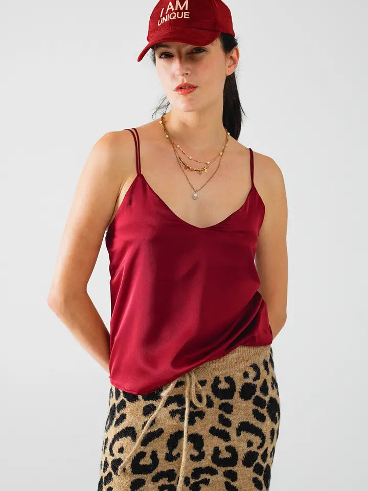 Burgundy Satin Spaghetti Strap Top-TOP-Q2-S-Red-Urbanheer