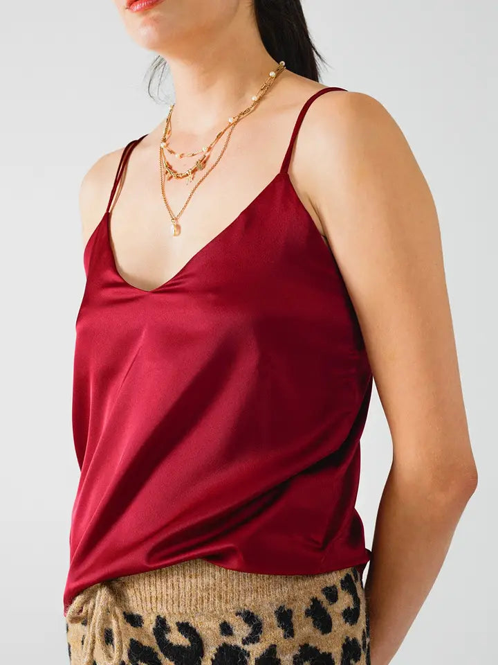 Burgundy Satin Spaghetti Strap Top-TOP-Q2-S-Red-Urbanheer