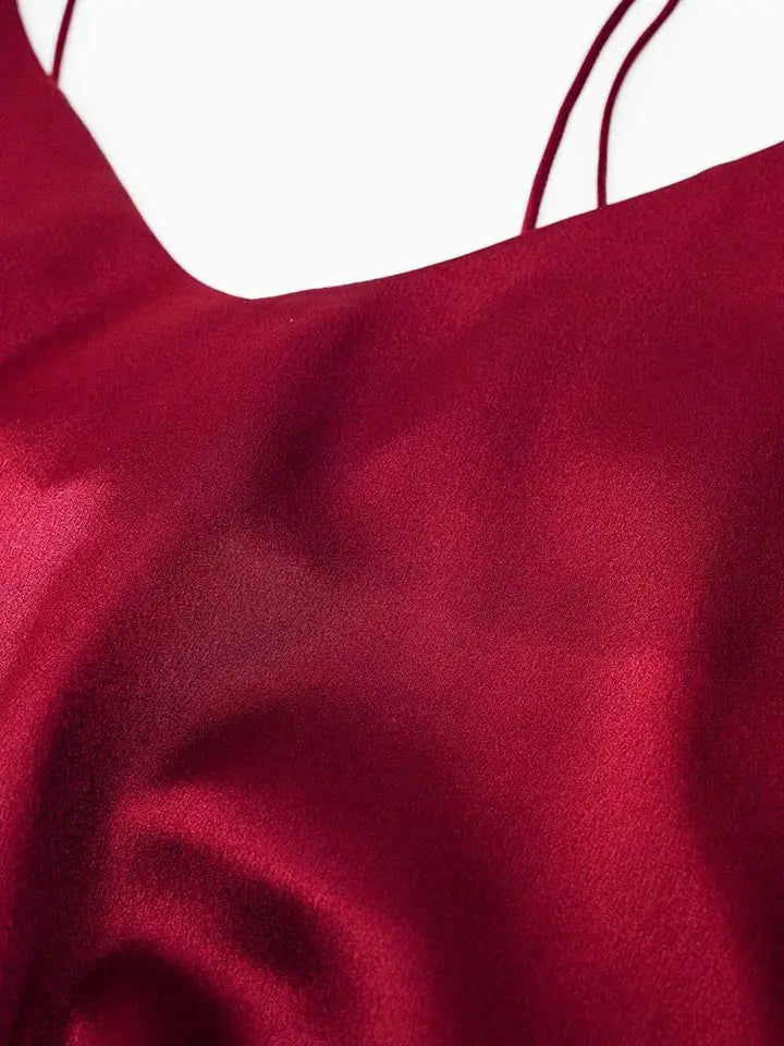 Burgundy Satin Spaghetti Strap Top-TOP-Q2-S-Red-Urbanheer