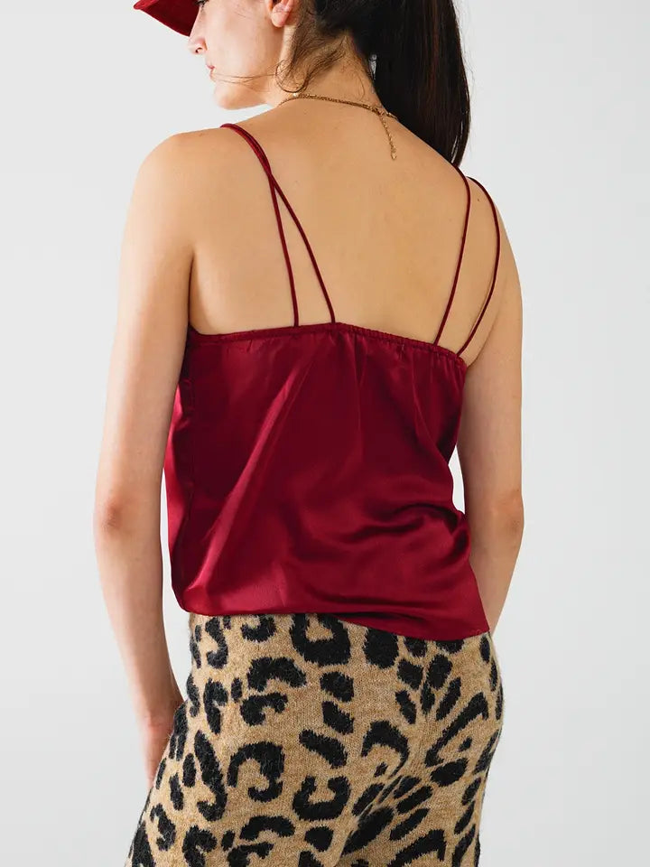 Burgundy Satin Spaghetti Strap Top-TOP-Q2-S-Red-Urbanheer