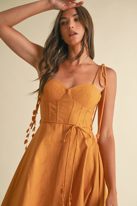Bustier Shoulder Tie Dress GOLDEN MUSTARD-Dress-Endless Blu-S-GOLDEN MUSTARD-Urbanheer