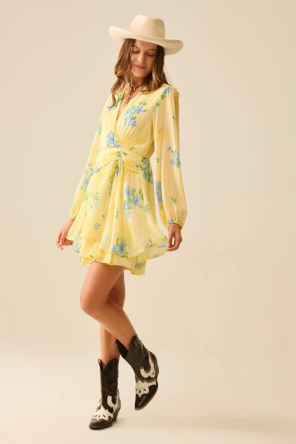 Butter Yellow Spring Mini Dress with Ruched Design-Dress-Q2-S-YELLOW-Urbanheer