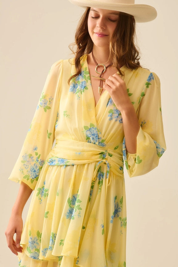 Butter Yellow Spring Mini Dress with Ruched Design-Dress-Q2-S-YELLOW-Urbanheer
