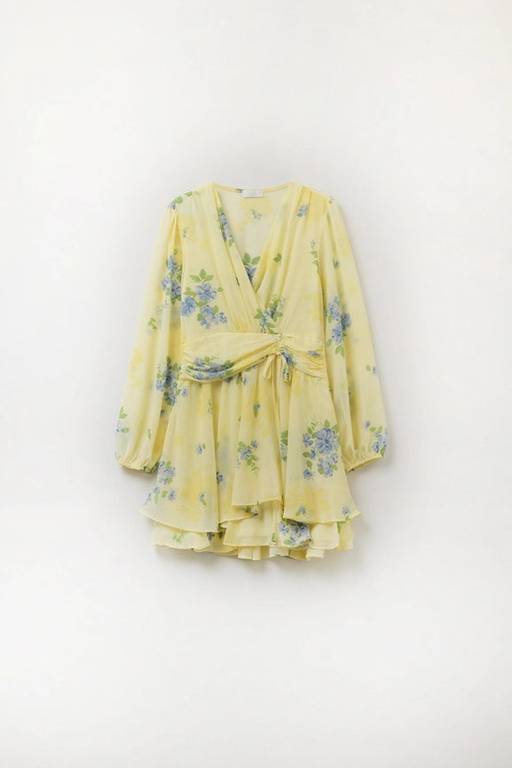 Butter Yellow Spring Mini Dress with Ruched Design-Dress-Q2-S-YELLOW-Urbanheer