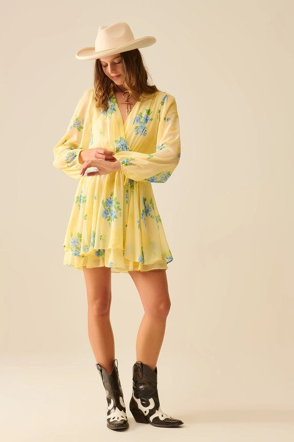 Butter Yellow Spring Mini Dress with Ruched Design-Dress-Q2-S-YELLOW-Urbanheer