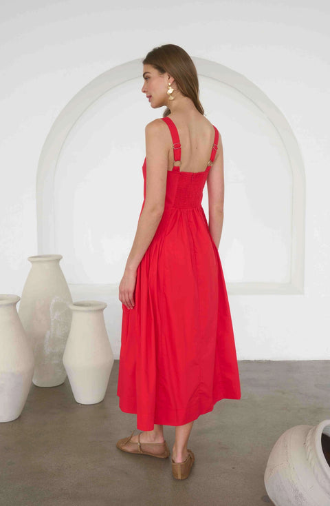 Button Detail Pleated Waist Sleeveless Midi Dress