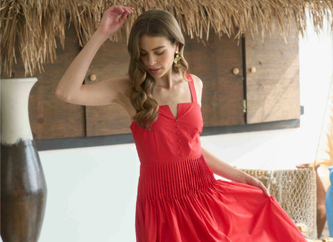 Button Detail Pleated Waist Sleeveless Midi Dress