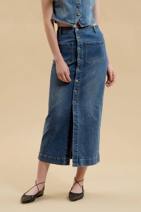 Button Down Denim Midi Skirt-Skirt-Blu Pepper-S-Urbanheer