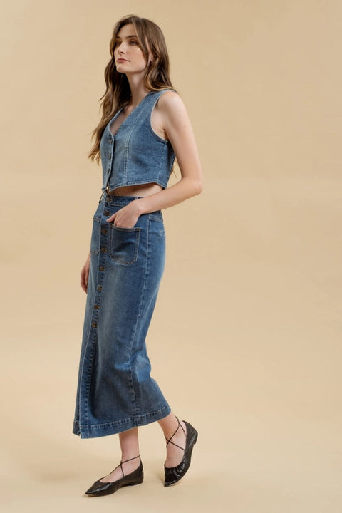 Button Down Denim Midi Skirt-Skirt-Blu Pepper-S-Urbanheer