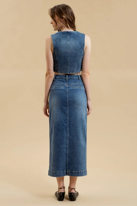 Button Down Denim Midi Skirt-Skirt-Blu Pepper-S-Urbanheer