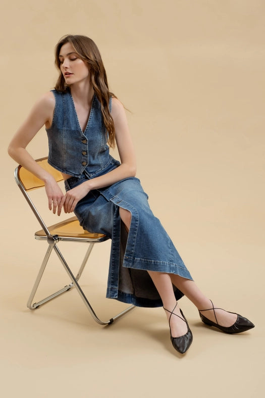 Button Down Denim Midi Skirt-Skirt-Blu Pepper-S-Urbanheer