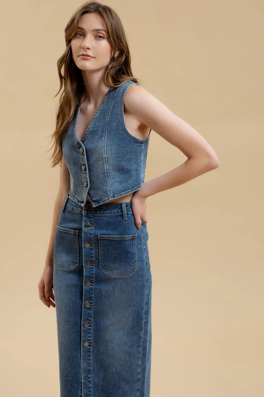 Button Down Denim Midi Skirt-Skirt-Blu Pepper-S-Urbanheer