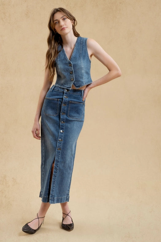 Button Down Denim Midi Skirt-Skirt-Blu Pepper-S-Urbanheer