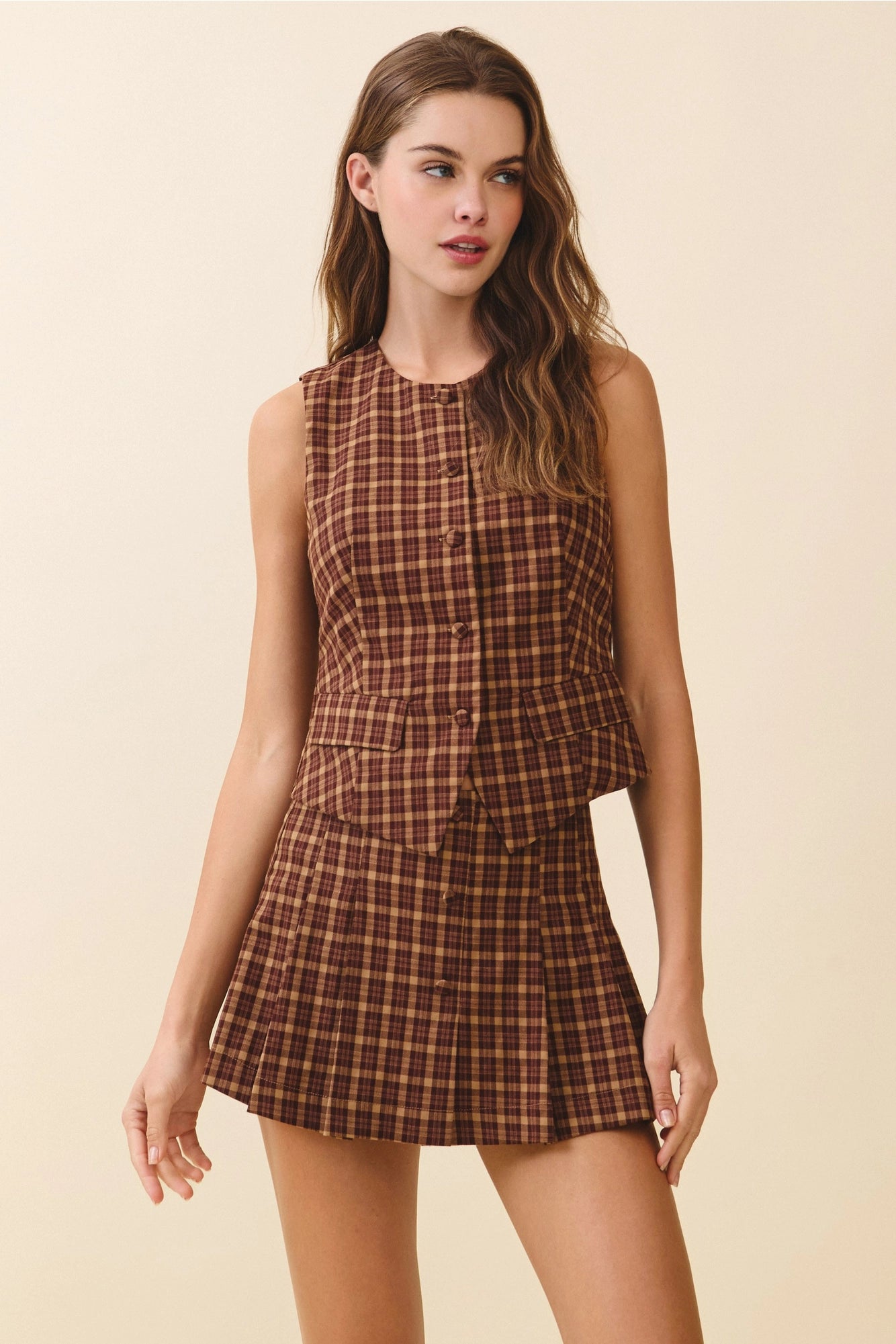 Button Down Flap Pocket Detail Plaid Vest Top