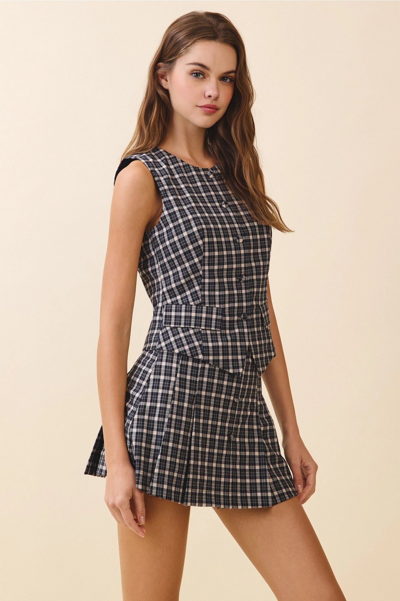 Button Down Flap Pocket Detail Plaid Vest Top