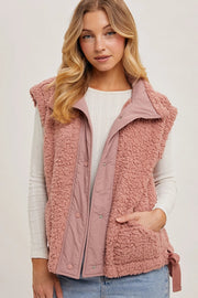 Button Down Mock Neck Fleece Sherpa Vest ROSE-Vest-Peace Love Line-S-ROSE-Urbanheer