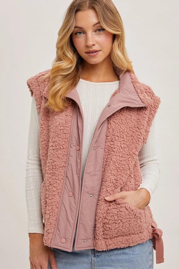 Button Down Mock Neck Fleece Sherpa Vest ROSE-Vest-Peace Love Line-S-ROSE-Urbanheer
