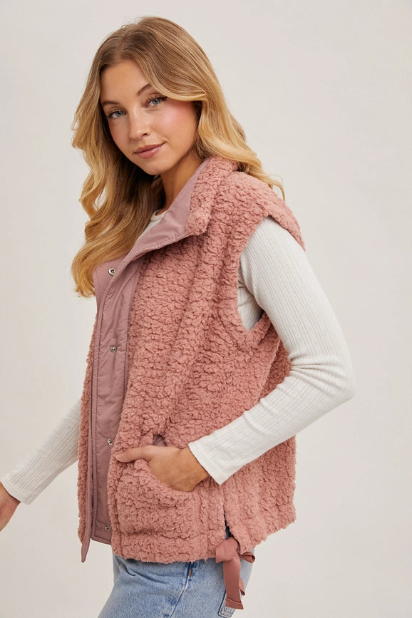 Button Down Mock Neck Fleece Sherpa Vest ROSE-Vest-Peace Love Line-S-ROSE-Urbanheer