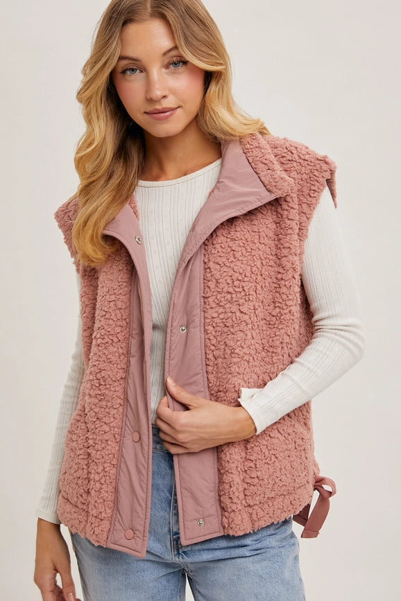 Button Down Mock Neck Fleece Sherpa Vest ROSE-Vest-Peace Love Line-S-ROSE-Urbanheer