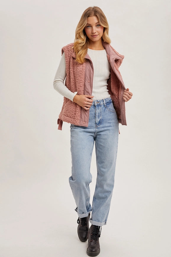 Button Down Mock Neck Fleece Sherpa Vest ROSE-Vest-Peace Love Line-S-ROSE-Urbanheer