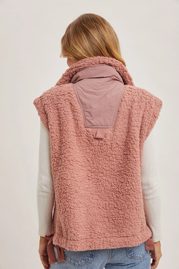 Button Down Mock Neck Fleece Sherpa Vest ROSE-Vest-Peace Love Line-S-ROSE-Urbanheer